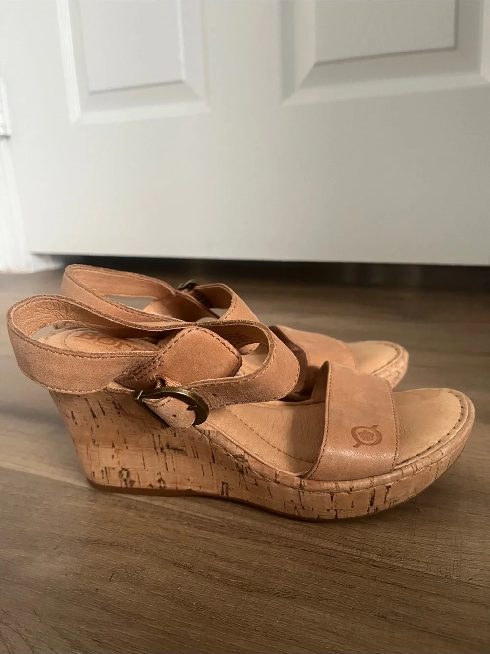 Born Tan Leather and Cork Wedge Sandals with Buckle Sustainable Eco Comfy Chic